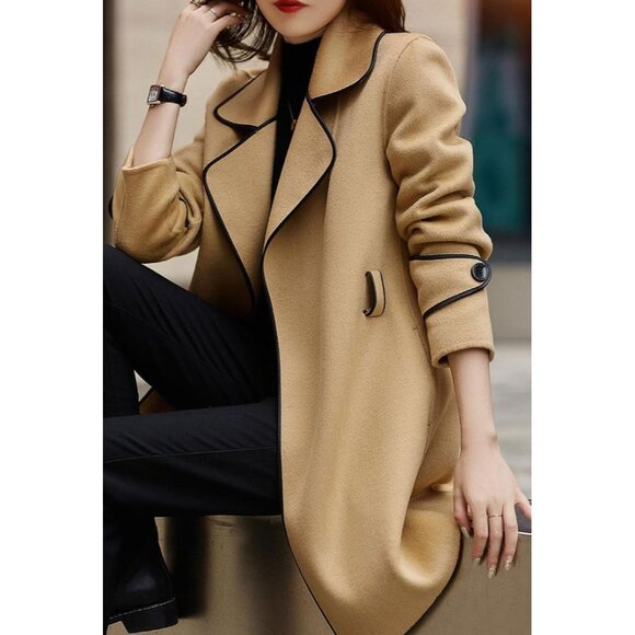 Women's Tan Trench Coat with Black Trim - Picture 3 of 6